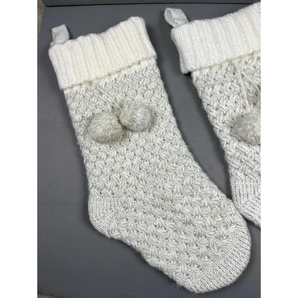 Vintage Pier 1 Christmas Stocking White Crochet Knit w/ Pom Poms NWT lot of 2